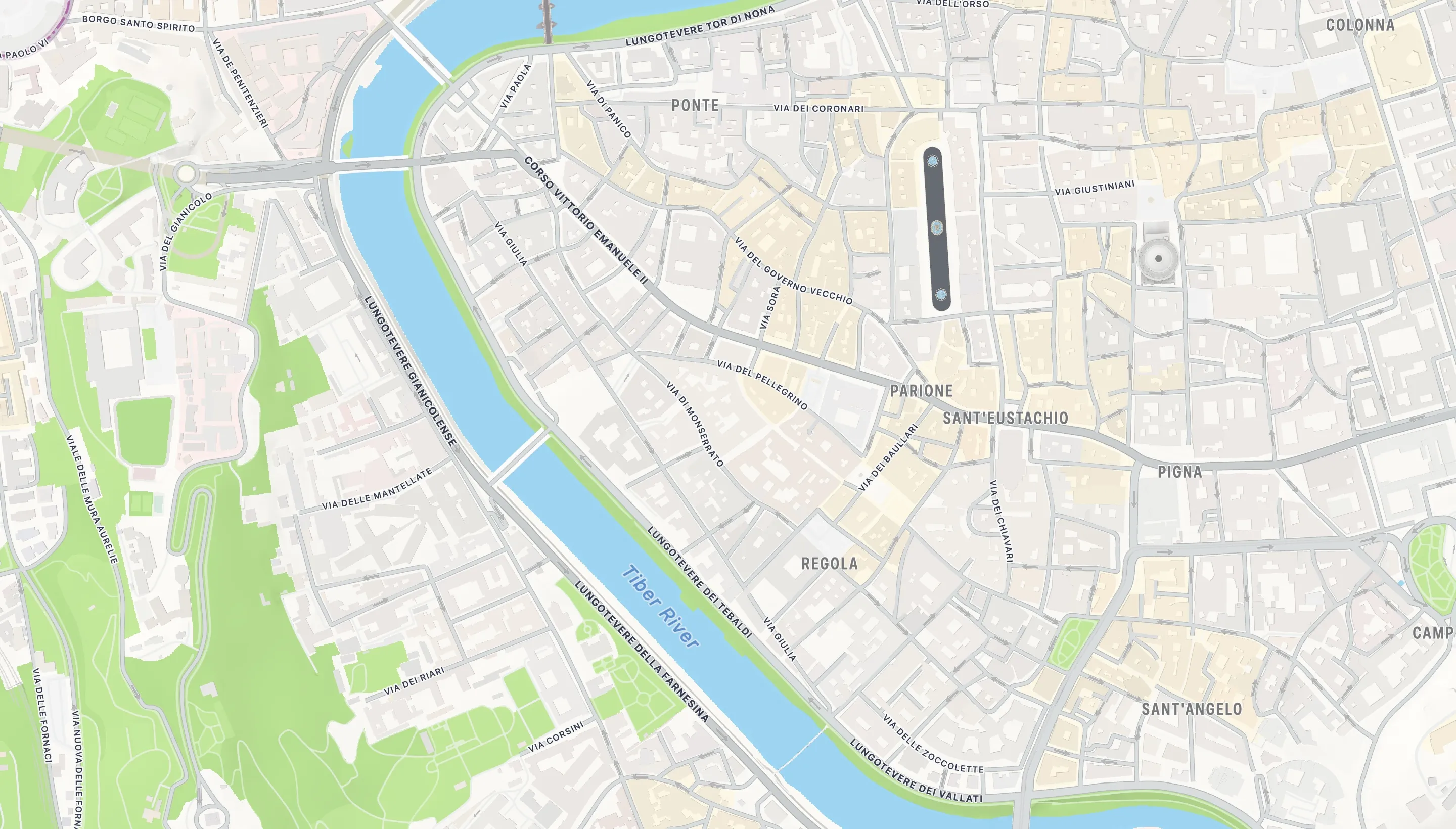 Day 1 of a Rome trip on a map: eight stops joined by the walking route