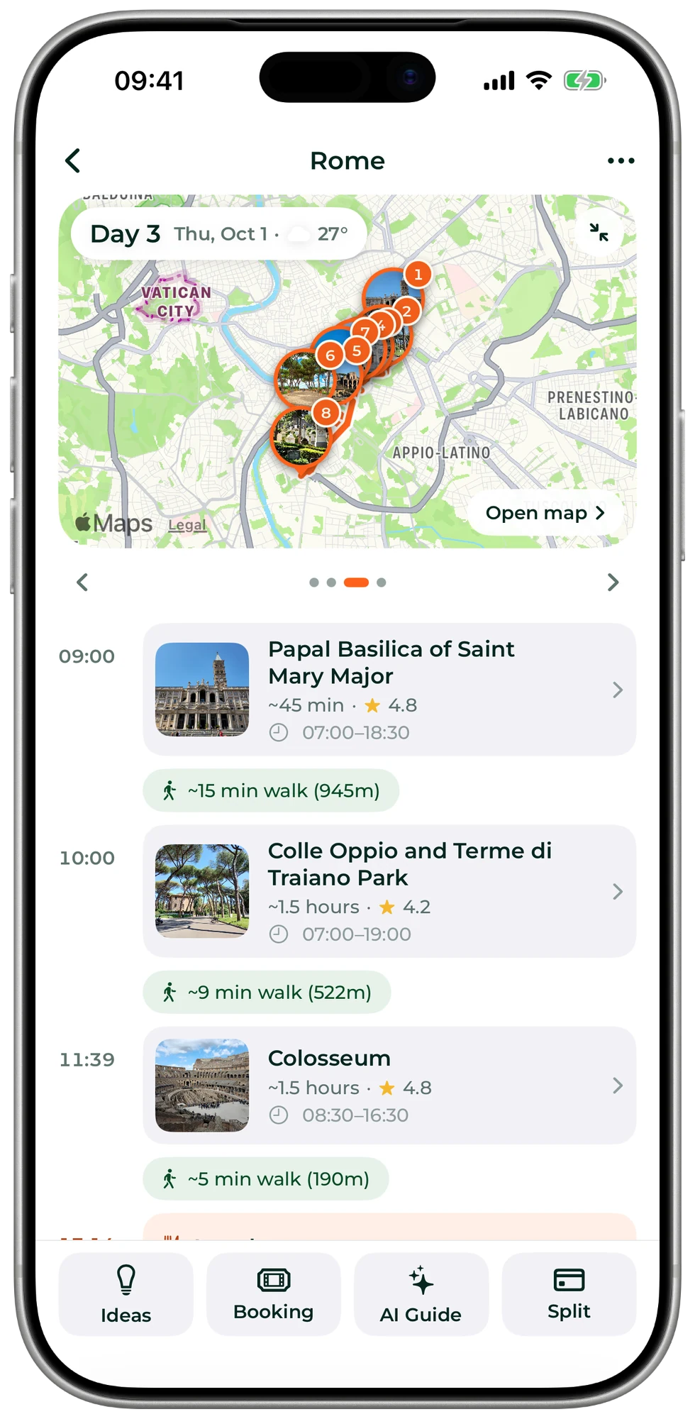 Day 3 of a Rome plan: the day on a map, then each stop with its time, opening hours and the walk to the next