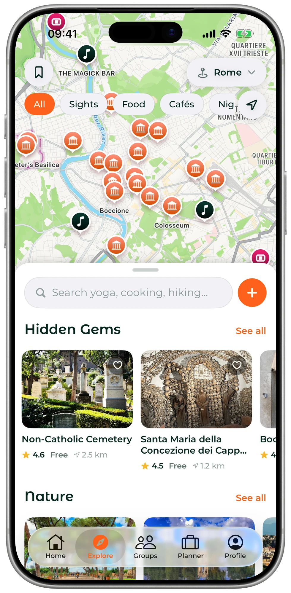 Explore: Rome on a map by category, with Hidden Gems and Nature below
