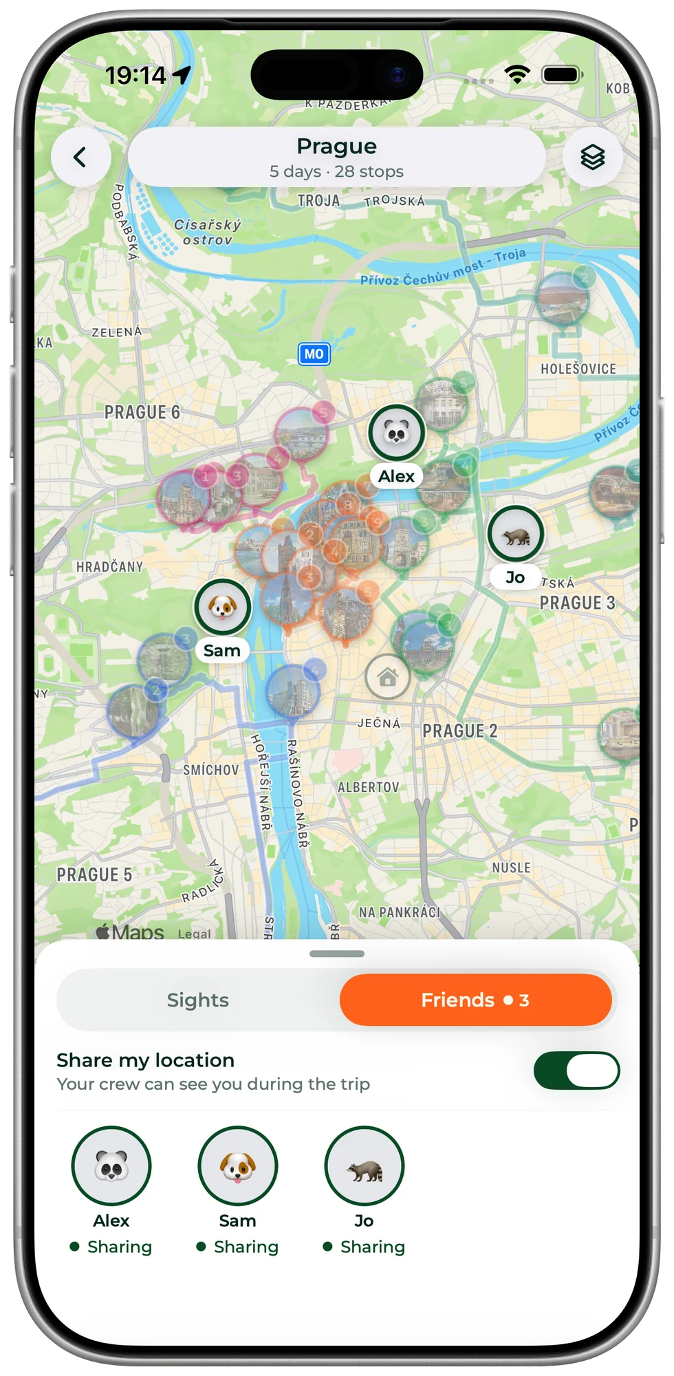 The trip map during a Prague trip, with three friends sharing their location, each with a live pin