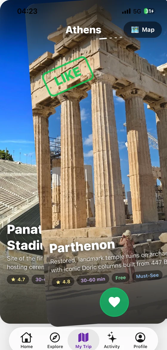 Swiping on Athens sights in the app