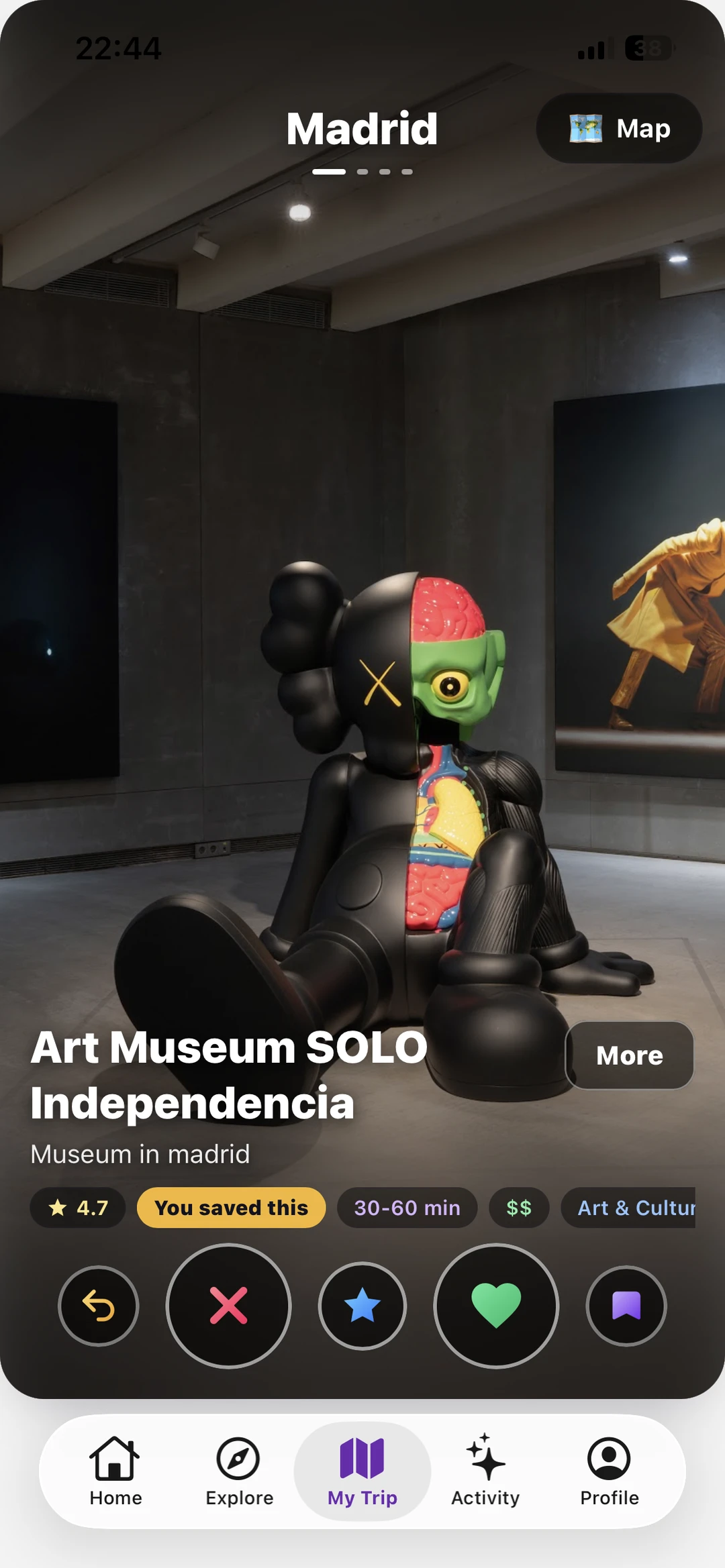 Swiping on sights and experiences in the app